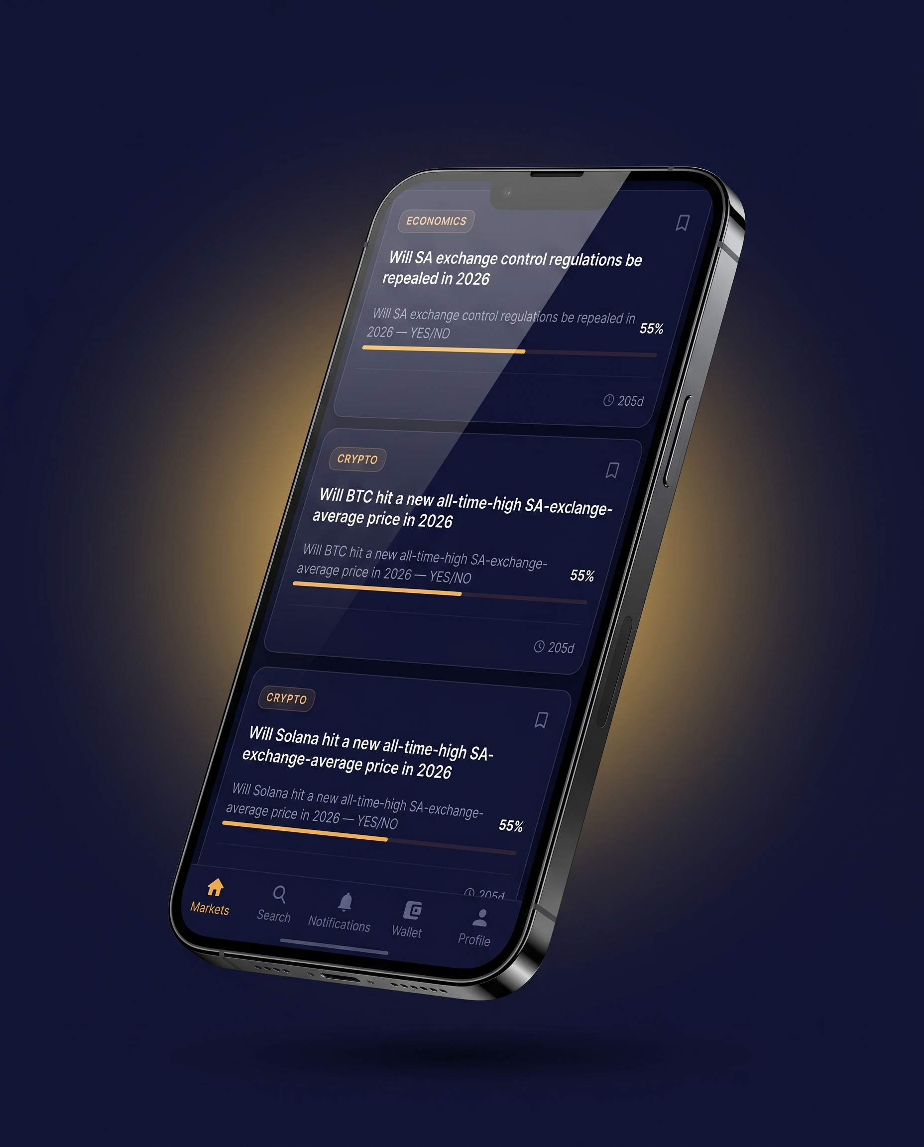 The Calibri prediction-markets trading app on a phone